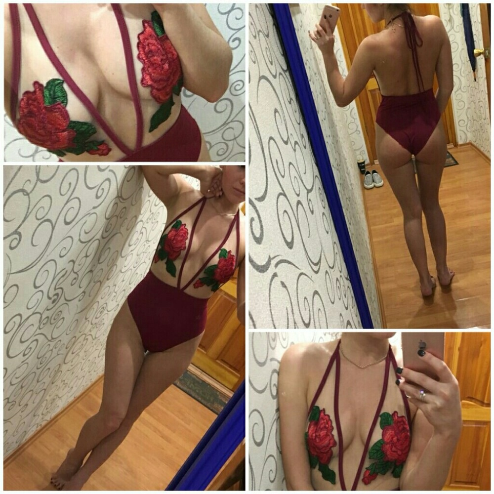 Rose Embroidery Bodysuit Neck Tie Up - Picture 7 of 8
