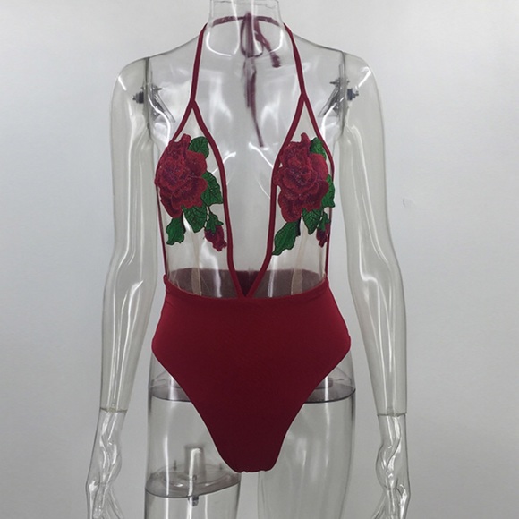 Rose Embroidery Bodysuit Neck Tie Up - Picture 5 of 8