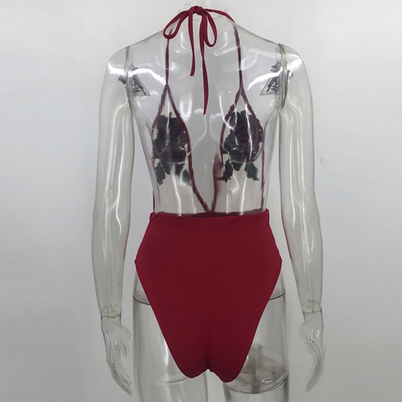 Rose Embroidery Bodysuit Neck Tie Up - Picture 6 of 8