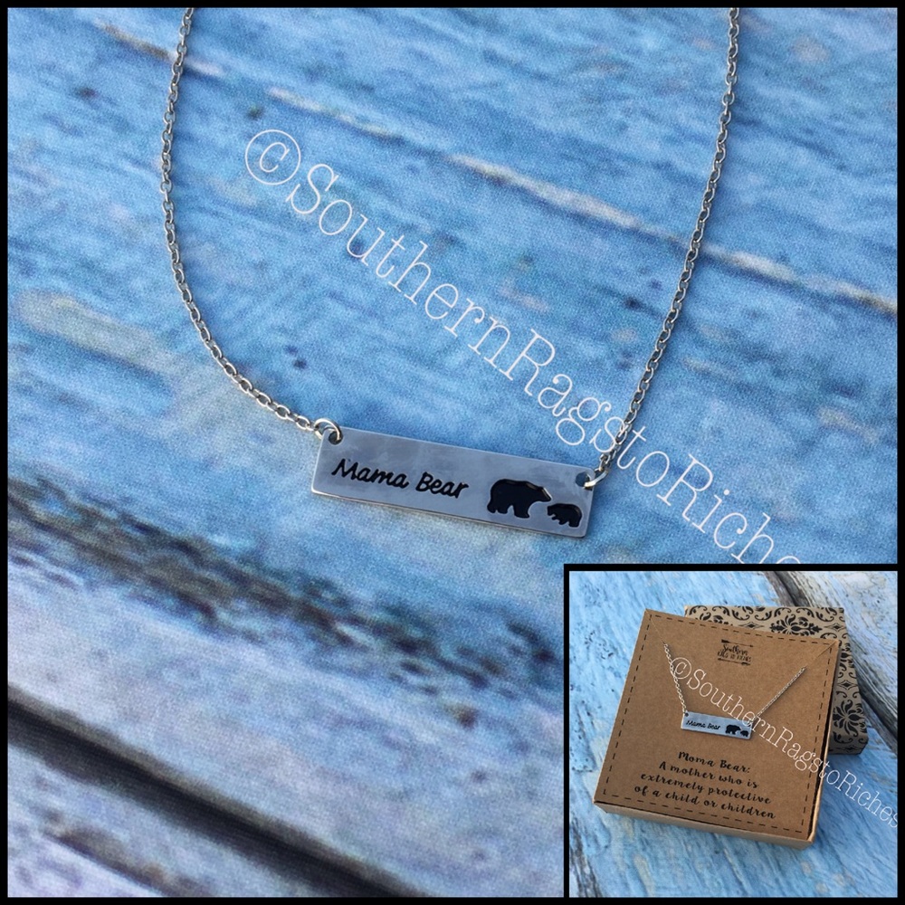 Mama Bear One Baby Cub Bar Silver Necklace