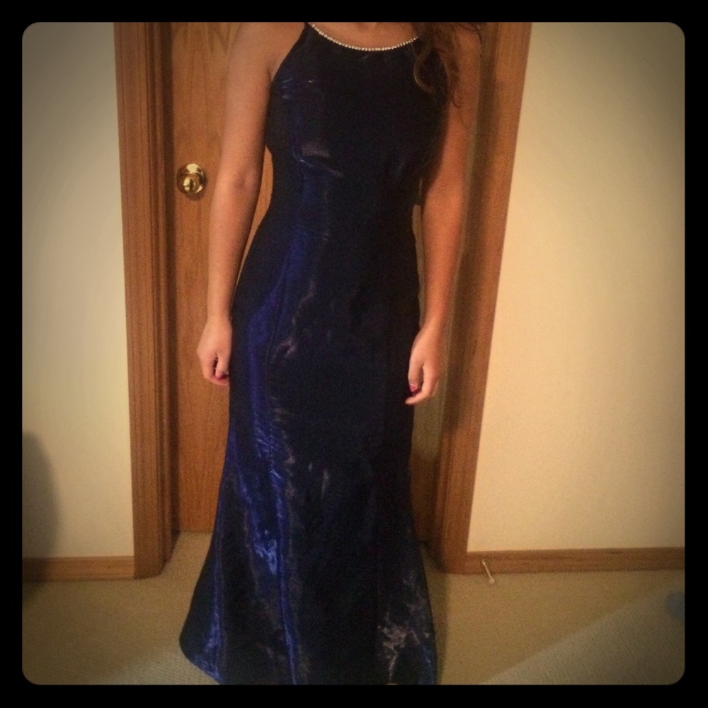 Shimmery Blue Prom Dress with Rhinestone Neckline