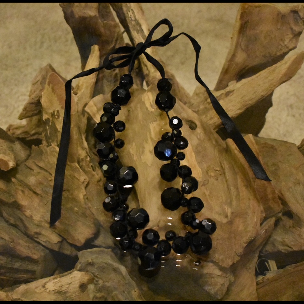 Black beads and ribbon necklace