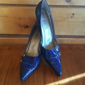 BCBGirls blue patent leather heels, buckle detail