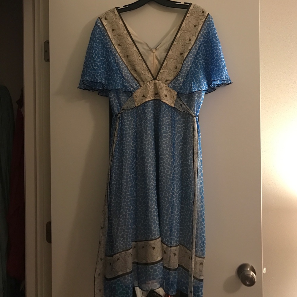 Anthropologie Blue Dot & Black Flower Silk Dress