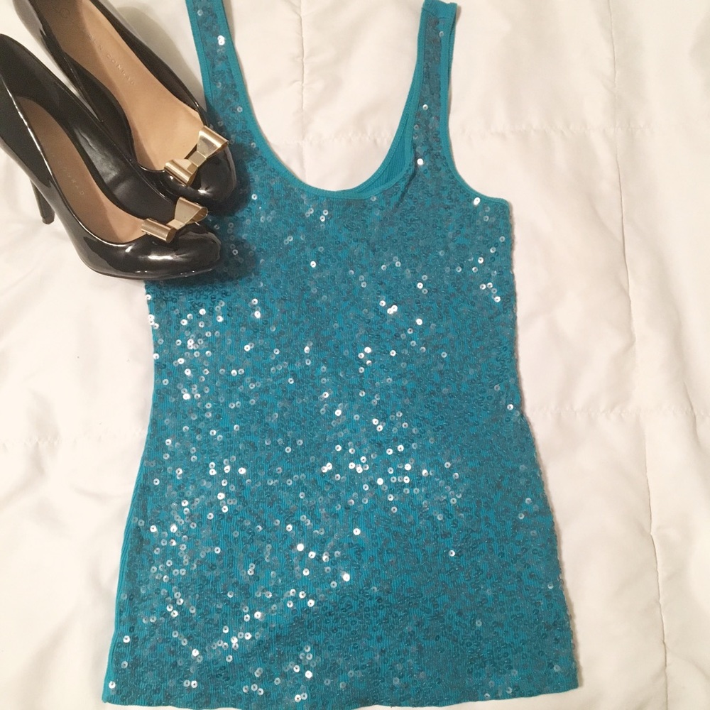 Express Sequined Turquoise Top