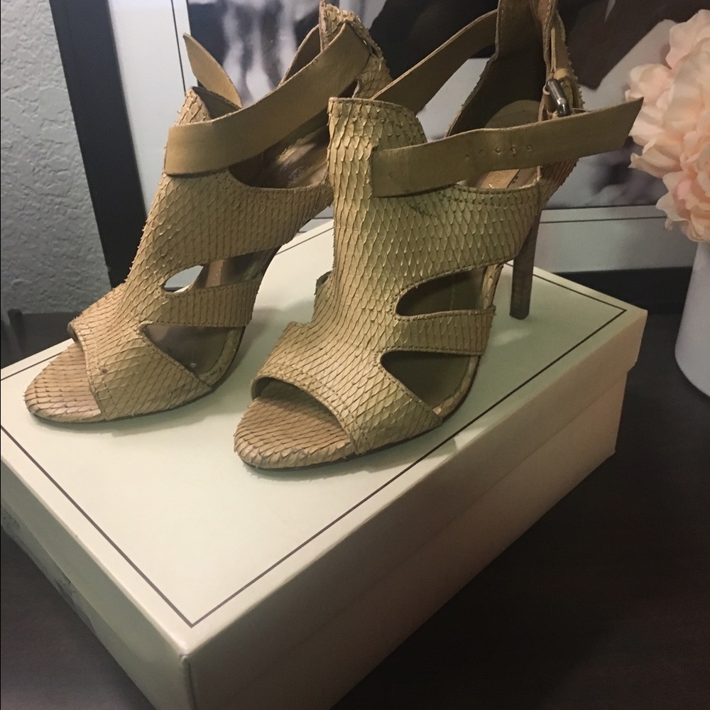 BCBG Maxaria python peep toe high heel Sandal.
