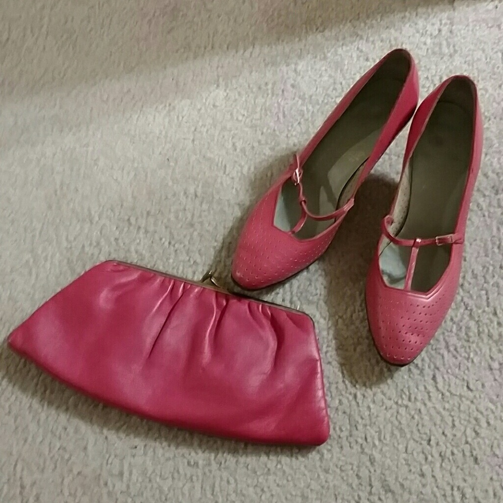 Vintage 1960's pink t-strap shoes and clutch