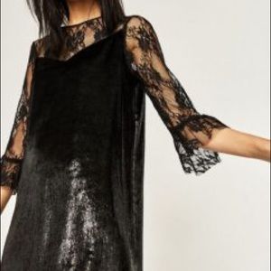 ZARA black sparkly velvet and lace mini dress.