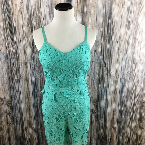 Aqua Blue Crochet Lace Crop Top & Flared Pants Set - Picture 2 of 3