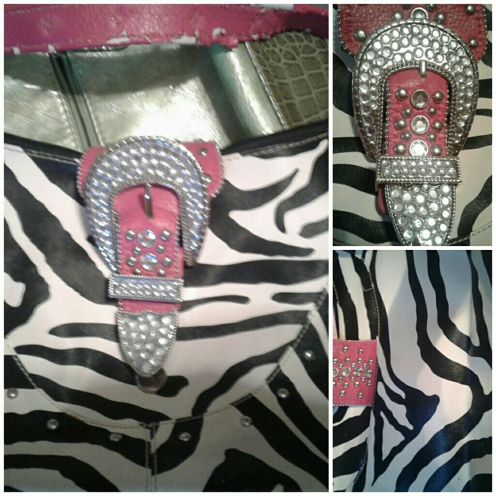 Zebra purse with western bling handle straps worn