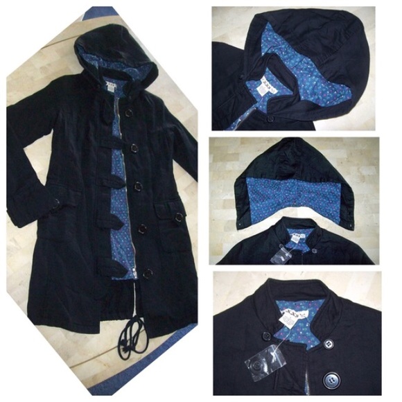 Black Bomber Trench Coat Jacket Detachable Hood - Picture 4 of 4