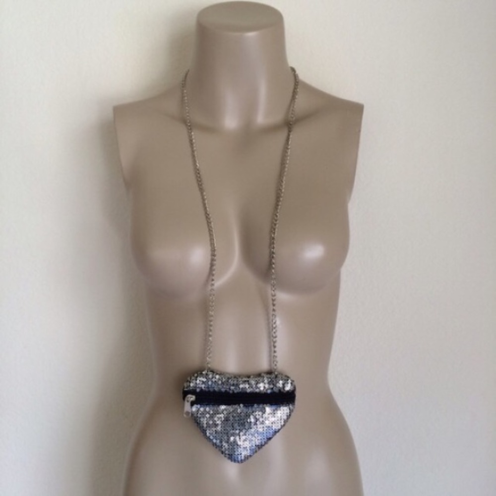 VTG 90's Silver Sequin Large Heart Purse Necklace
