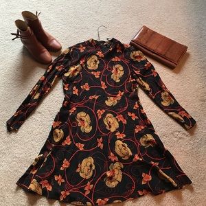 Zara large black with orange and gold print dress