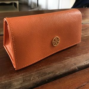 Tory Burch orange sunglasses case with wipe cloth