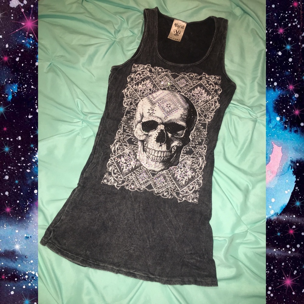 Vocal Skull Rhinestone Grey Tank Biker Small Punk