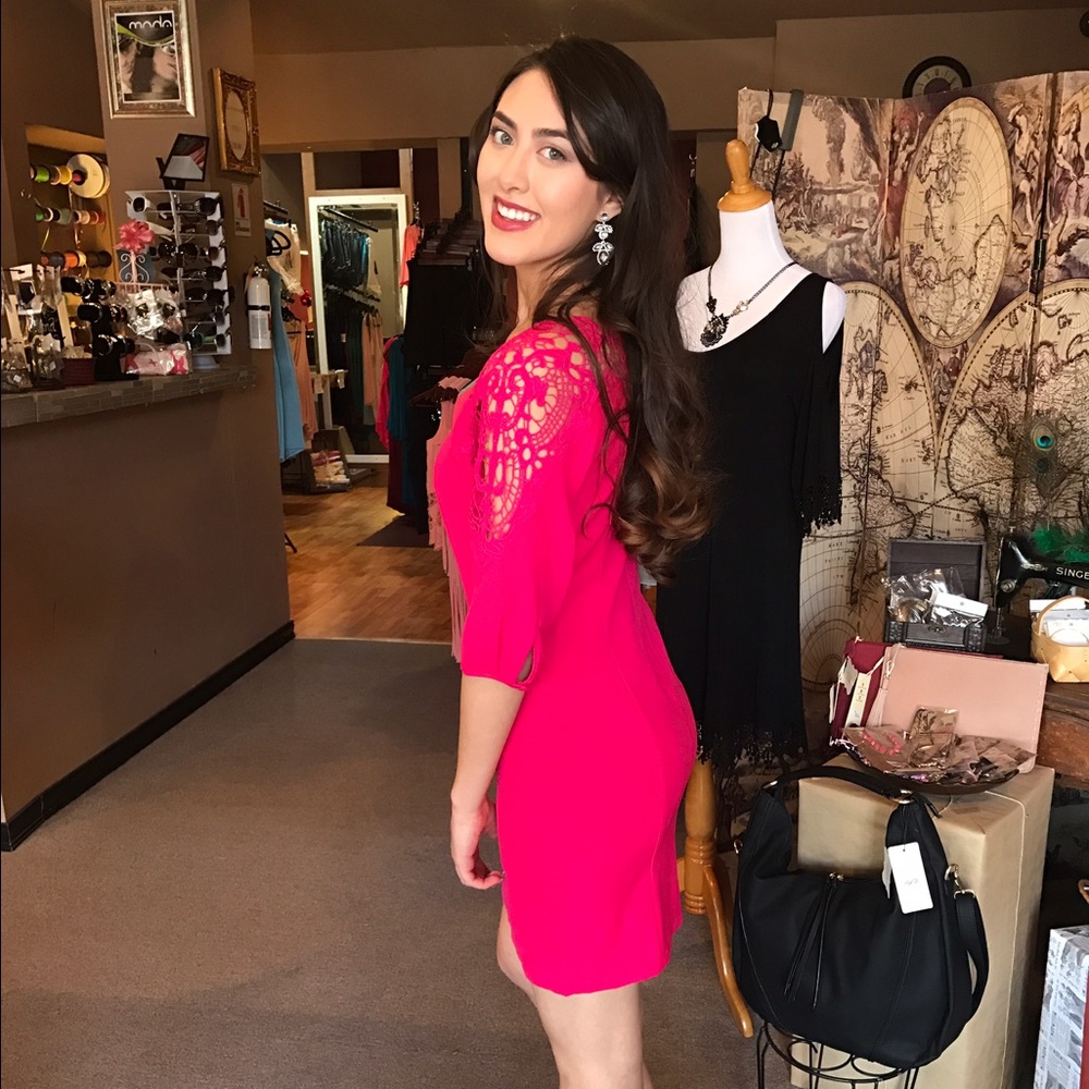 Hot Pink Crochet Accented Dress-SALE - Picture 2 of 5