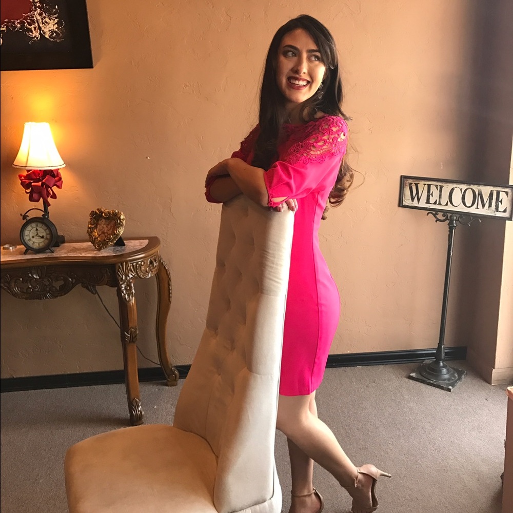 Hot Pink Crochet Accented Dress-SALE - Picture 4 of 5