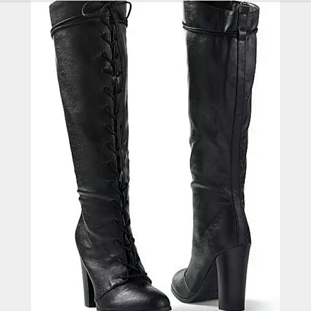 Venus-Black Tall Knee High Lace Up Boots