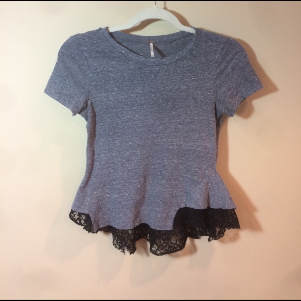 Free People grayish blue t shirt with black lace