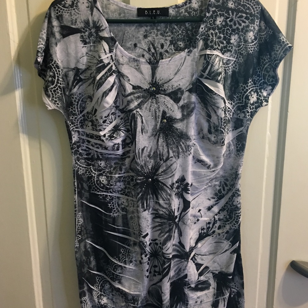 Black and white shirt with  flowers and sparkles