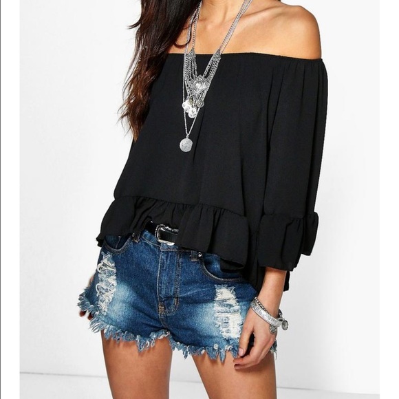 Light Blue Off The Shoulder Ruffled Top - Picture 2 of 4