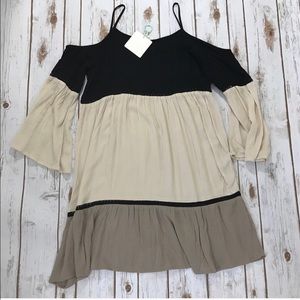 Umgee Cut Out Shoulder Boho Colorblock Dress