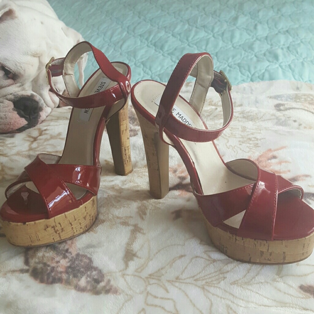 Used Steve Madden red patent leather strappy heels