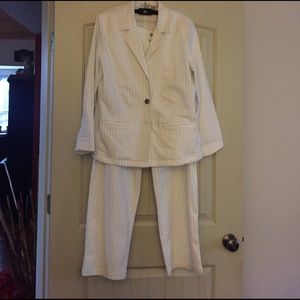 White pant suit with black pin stripes by Chico's