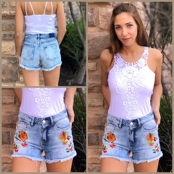 FLASH SALE! Embroidered Denim Shorts - Picture 2 of 8
