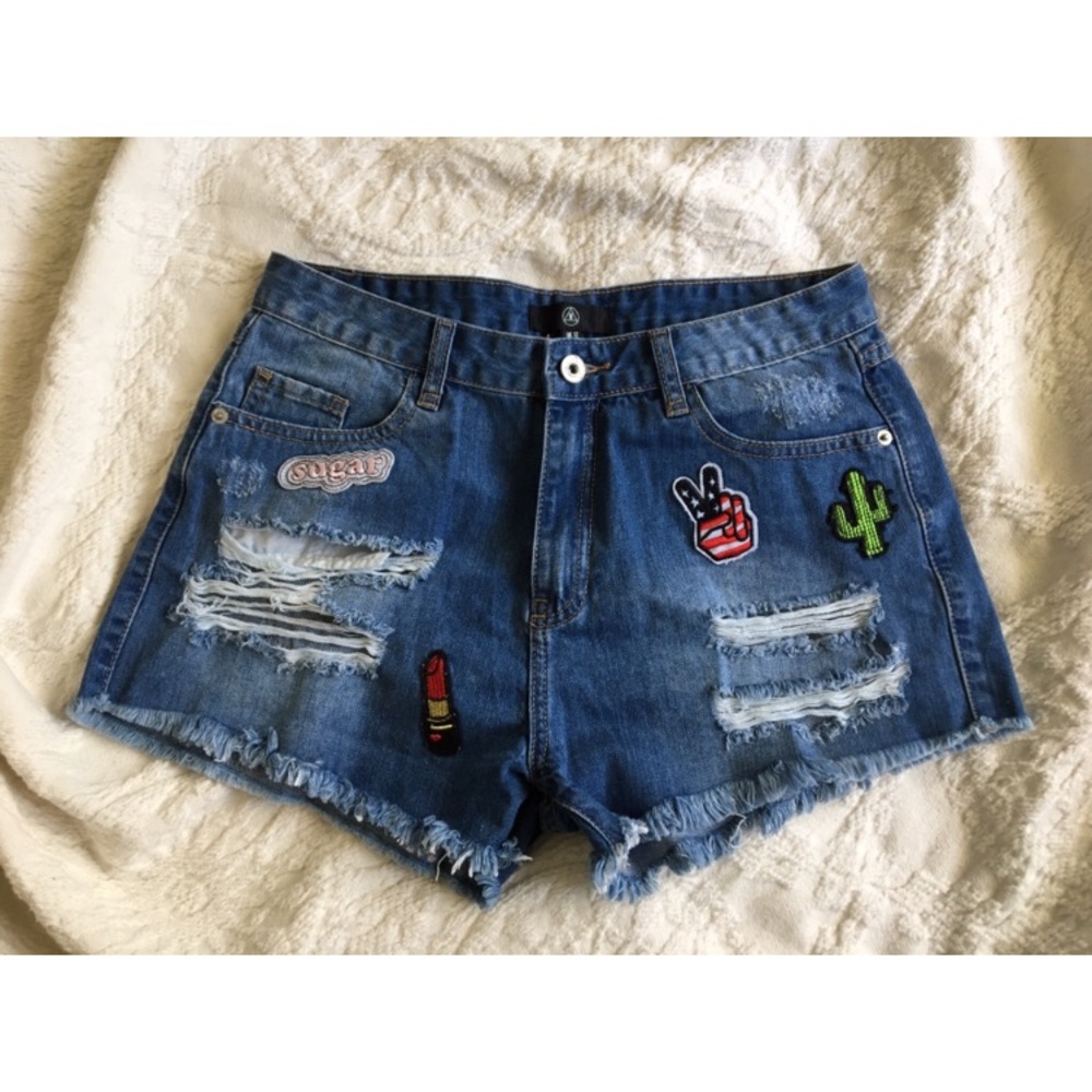 High waisted navy embroidered shorts