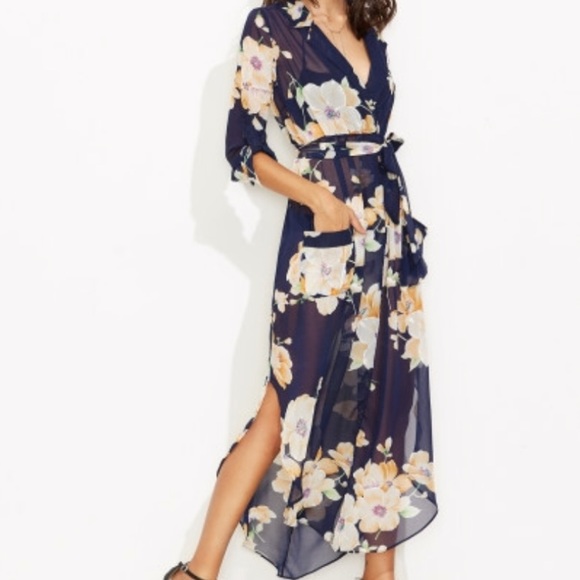 Dresses & Skirts - Floral Navy Self Tie Wrap Chiffon Dress