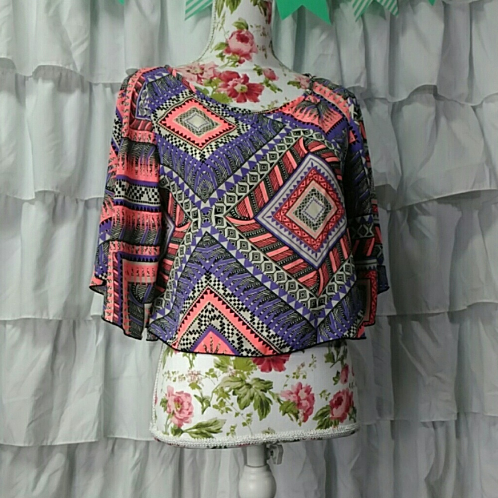 Aztec Crop Top Shirt in Lavendar and Neon Peach