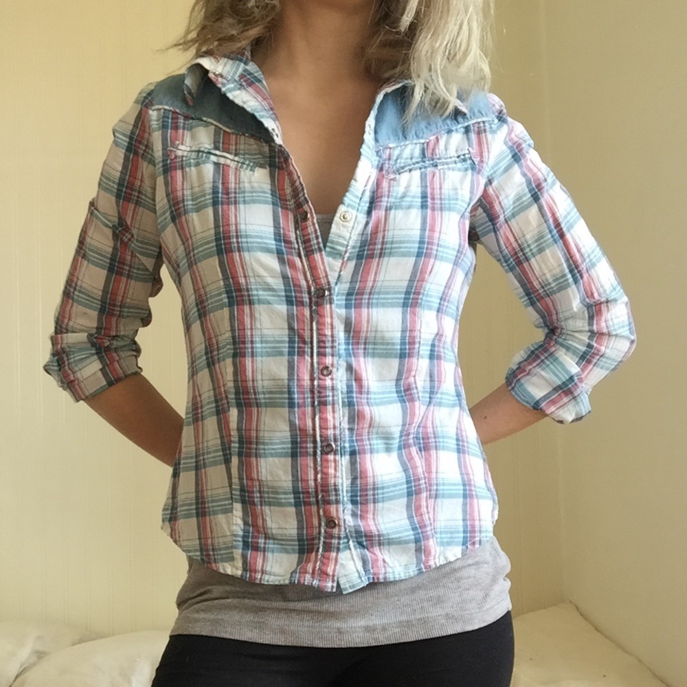 Plaid cotton shirt with denim inserts