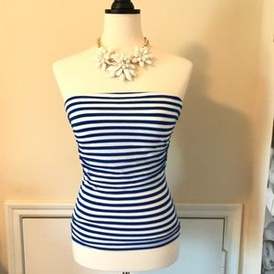 Blue and white stripped tube top.