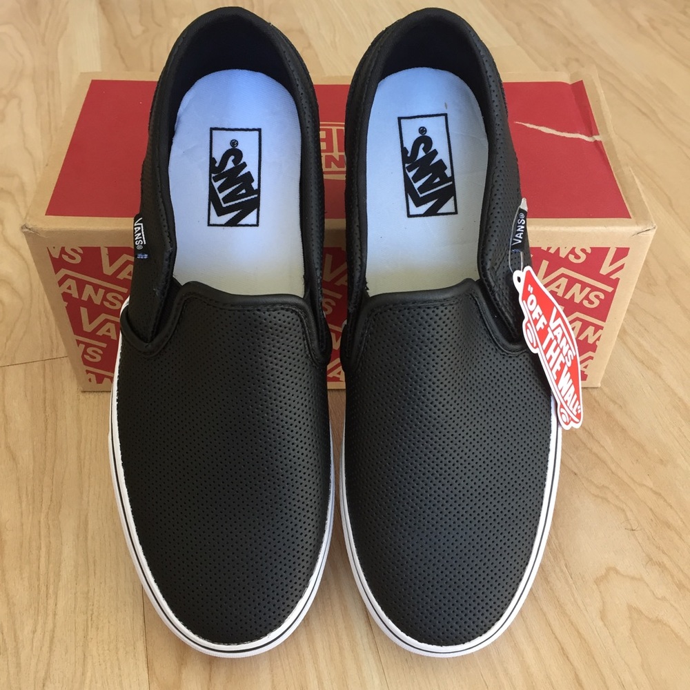 ---SOLD--- Vans Perforated Black Leather Slip Ons - Picture 1 of 8
