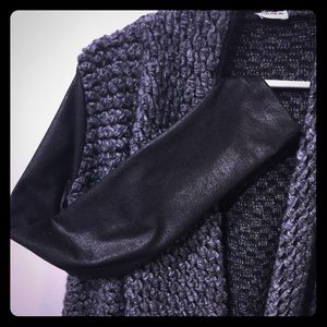 Knit cardigan with faux leather sleeves