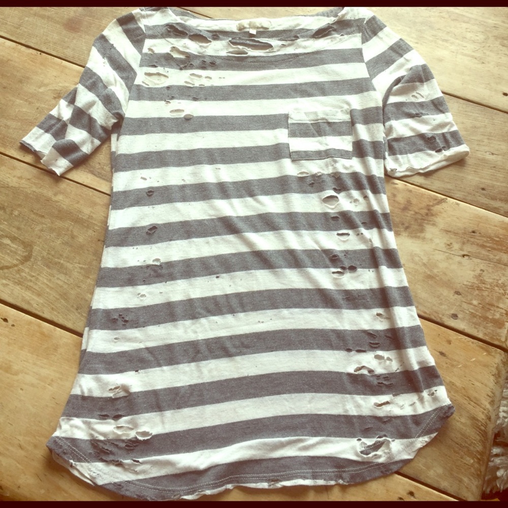 Distressed grunge grey and white striped t-shirt