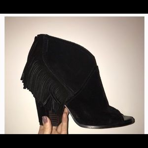Gianni Bini Suede Peep Toe Fringed Bootie "Reduced