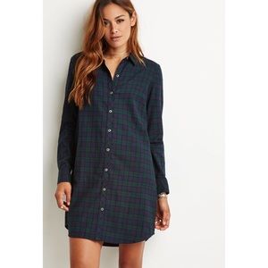 Forever 21 Navy/Green Plaid Shirt Dress, Small