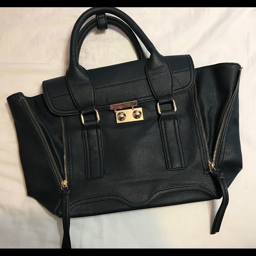 Navy Just Fab faux leather bag w/zipper details