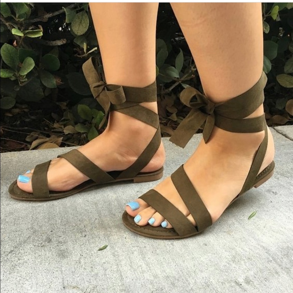 Olive Suede Ribbon Wrap Flat Sandal - Picture 1 of 3