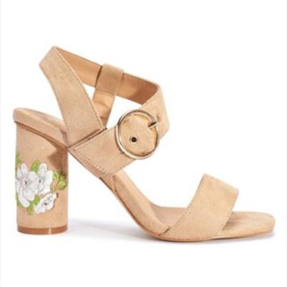 Floral Embroidered Tan Faux Suede Mid Heels