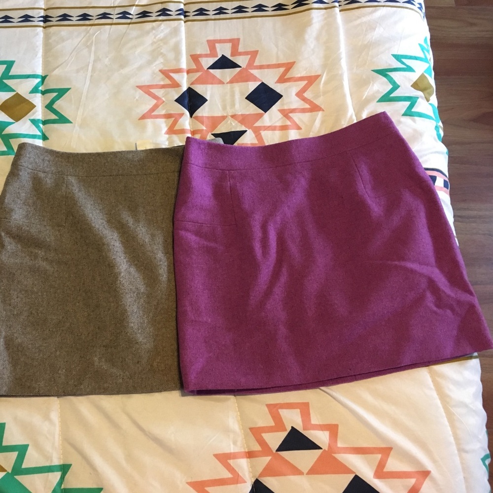 2 wool mini skirts - tan and pink - J Crew
