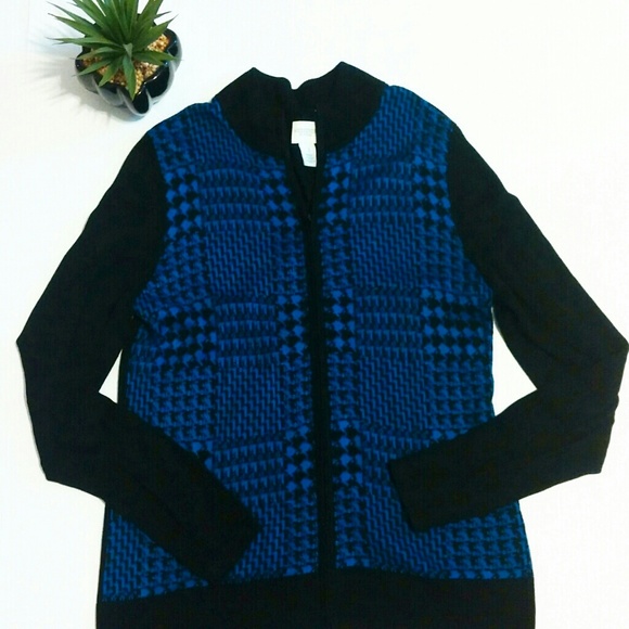 Weekends by Chico's Blue & Black Designed Sweater Jacket - Picture 4 of 5