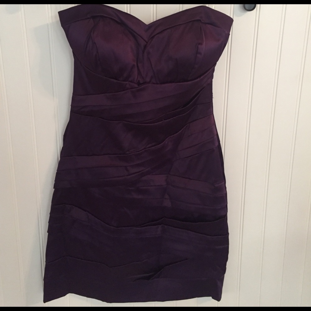 Purple strapless mini cocktail dress