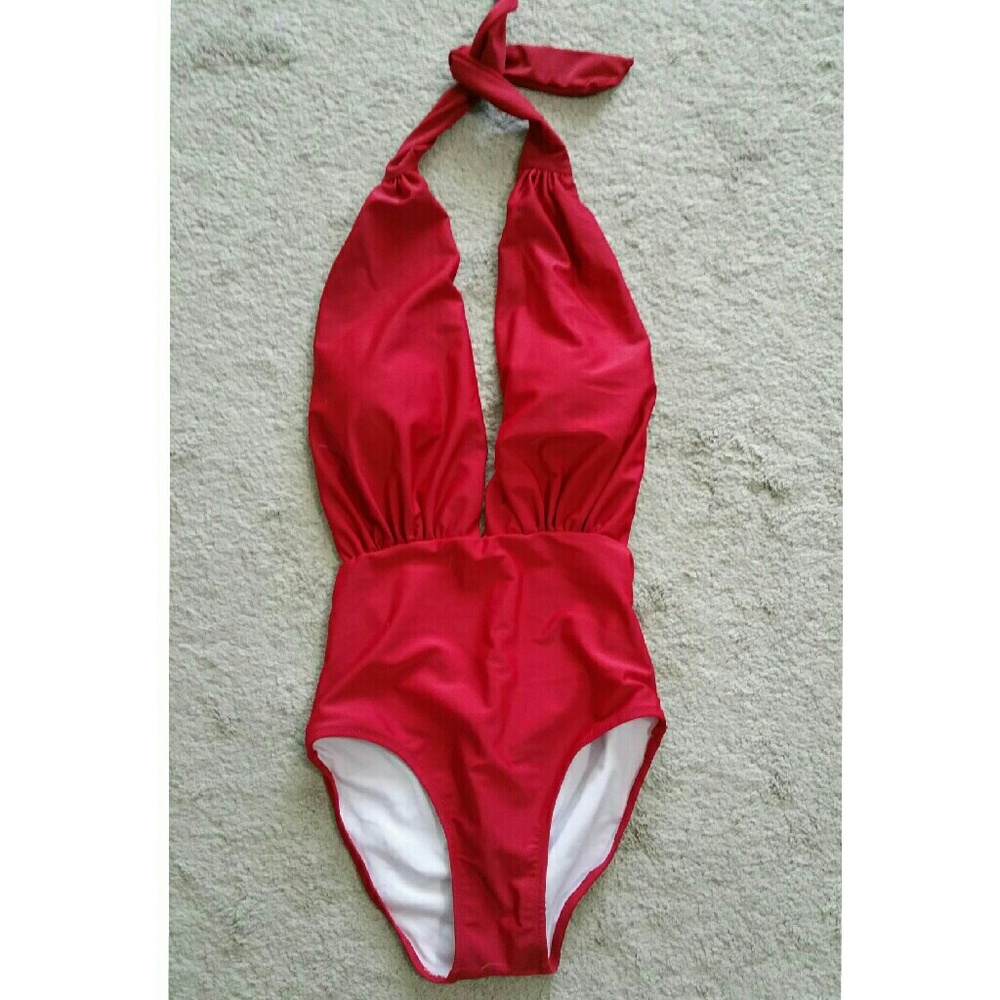 Red Plunging Halter One-Piece Swimsuit