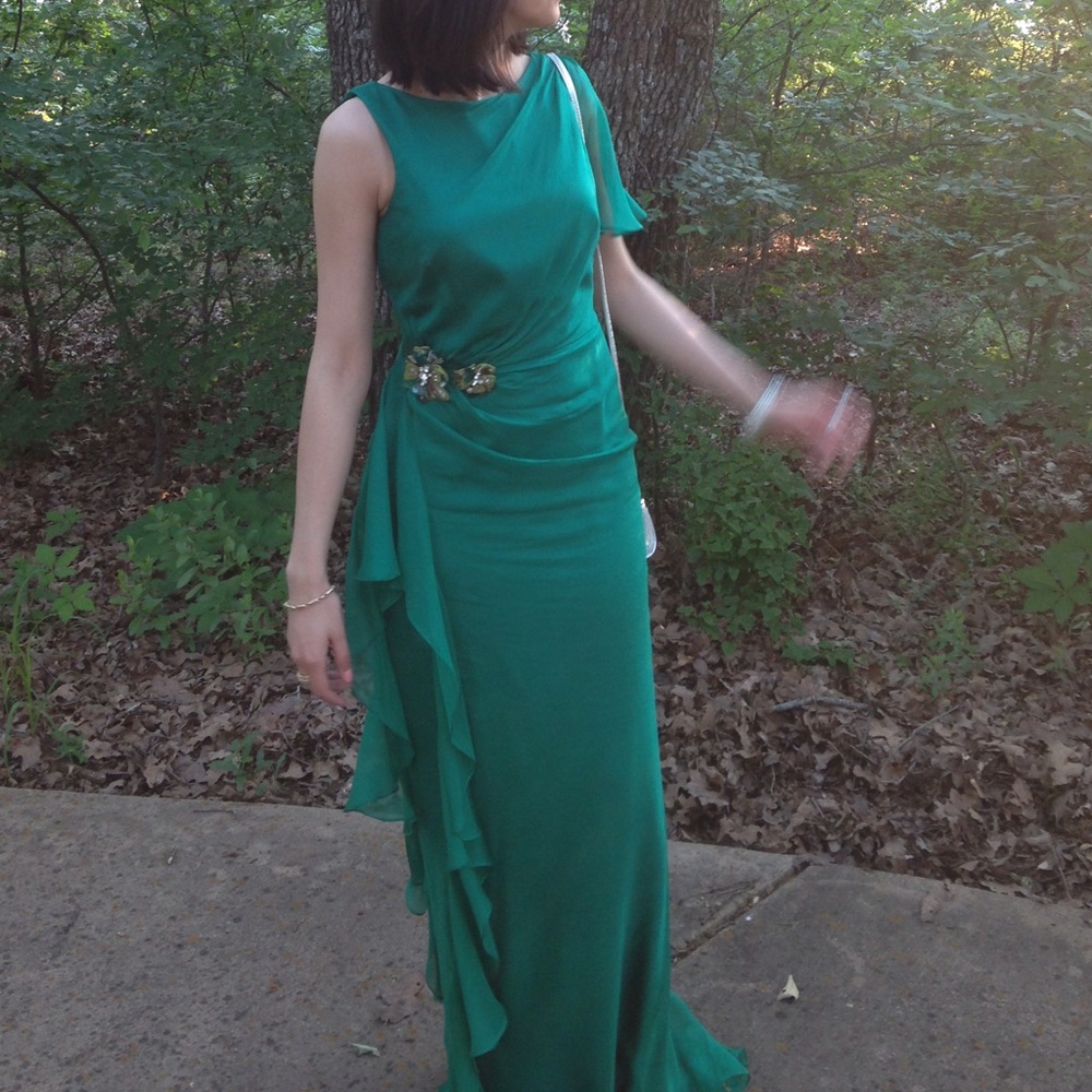 Formal green silk modest long party gown