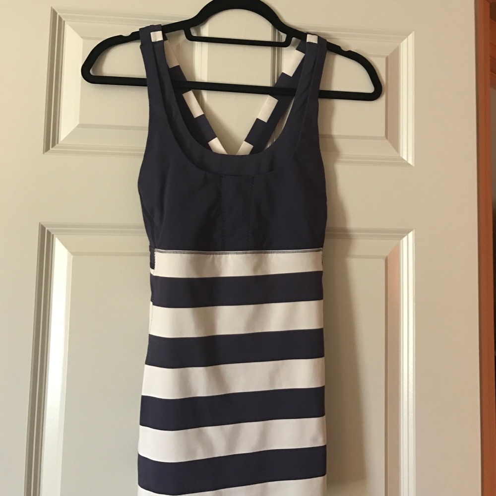 Navy and white stripped tank with shelf bra.