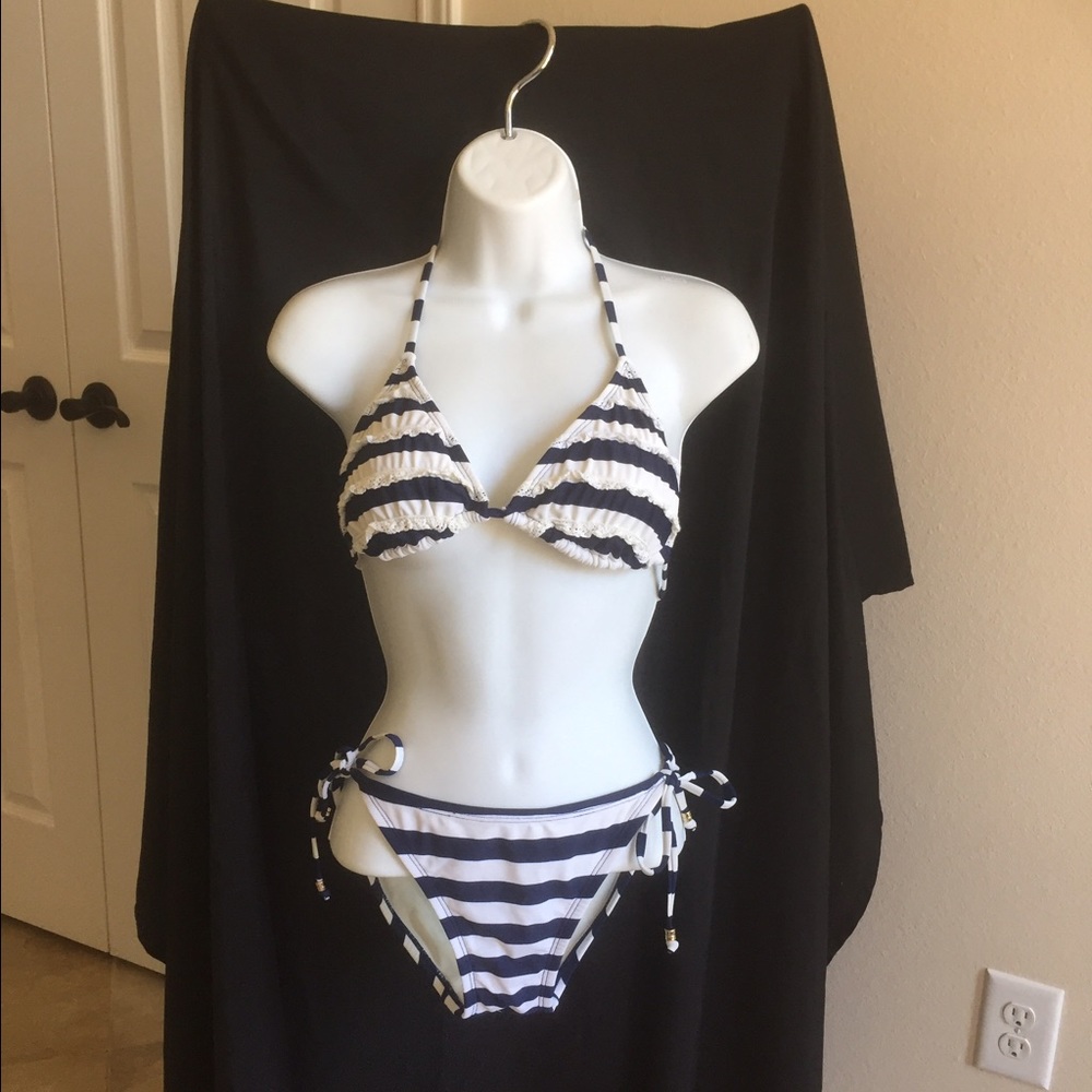 NeverWorn Nautical Stripe Lace Ruffle Bikini & Top