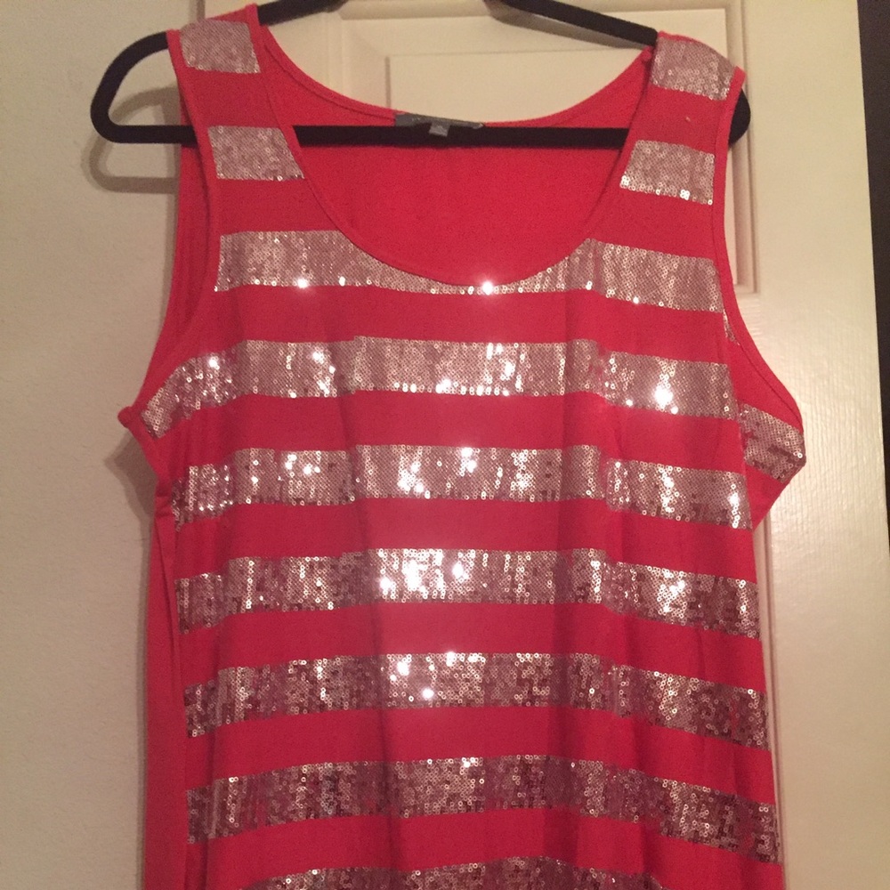 Red tank top with silver sequins.